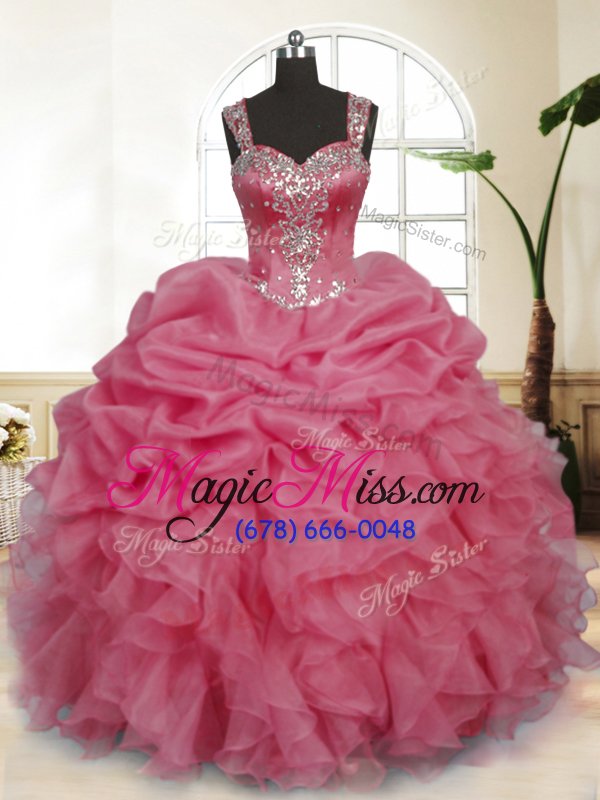 wholesale unique pink ball gowns organza straps sleeveless beading and ruffles and pick ups floor length zipper vestidos de quinceanera