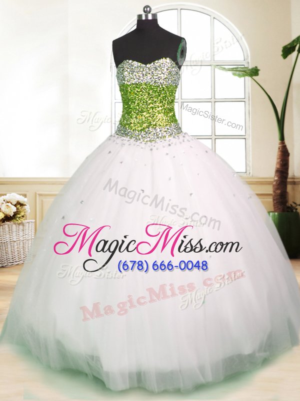 wholesale stunning white ball gowns beading sweet 16 quinceanera dress lace up tulle sleeveless floor length