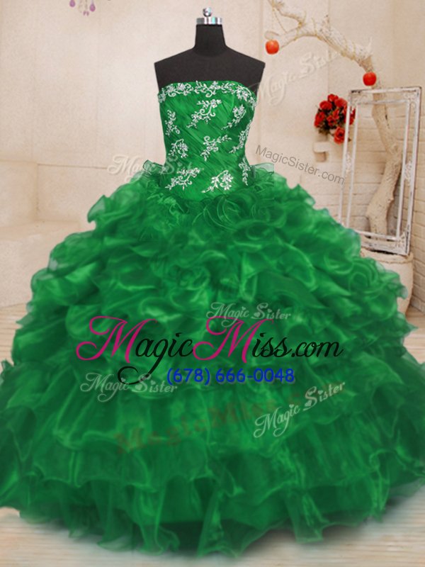 wholesale high quality green lace up strapless beading and appliques and ruffles 15 quinceanera dress organza sleeveless