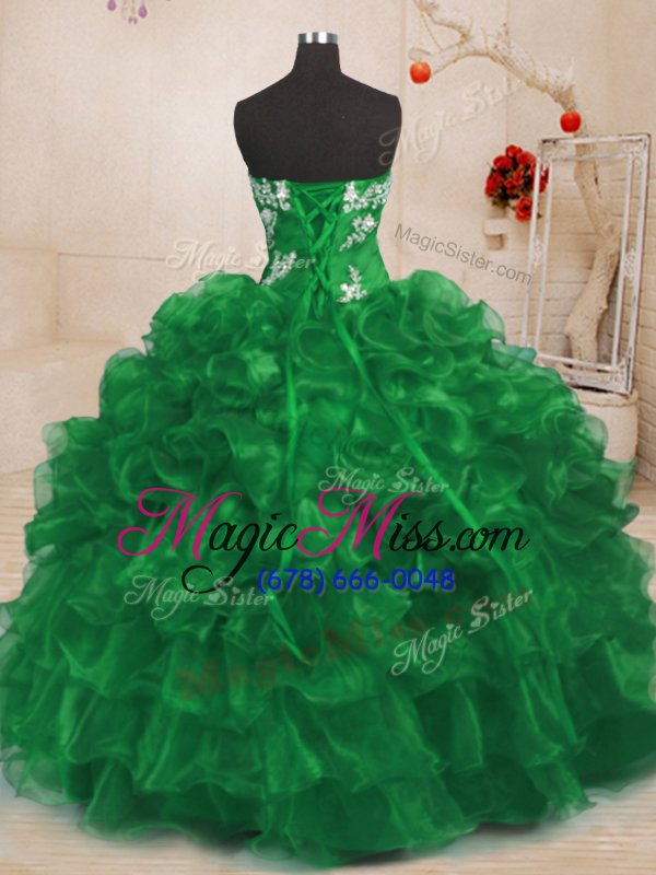 wholesale high quality green lace up strapless beading and appliques and ruffles 15 quinceanera dress organza sleeveless