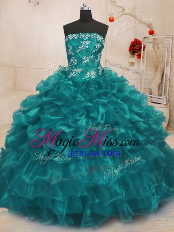 wholesale exceptional ball gowns 15th birthday dress turquoise strapless organza sleeveless floor length lace up