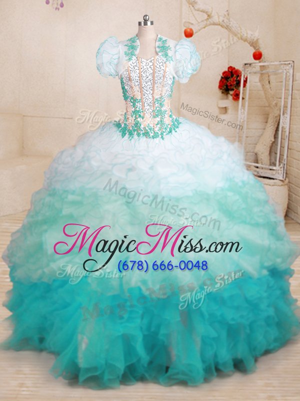 wholesale flare multi-color ball gowns organza sweetheart sleeveless beading and appliques and ruffles with train lace up ball gown prom dress brush train