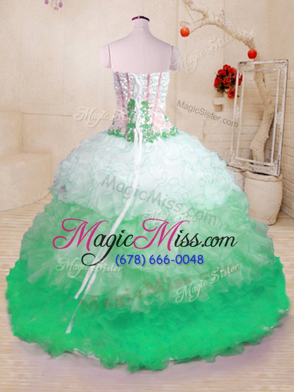wholesale cute multi-color lace up 15 quinceanera dress beading and appliques and ruffles sleeveless with brush train