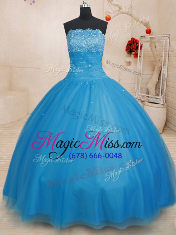 wholesale dazzling light blue ball gowns tulle strapless sleeveless beading floor length lace up vestidos de quinceanera
