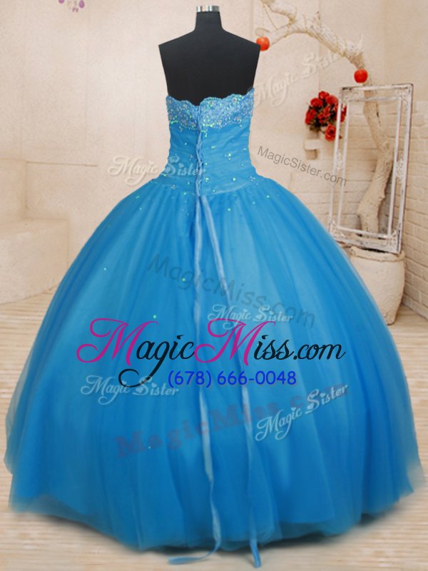 wholesale dazzling light blue ball gowns tulle strapless sleeveless beading floor length lace up vestidos de quinceanera