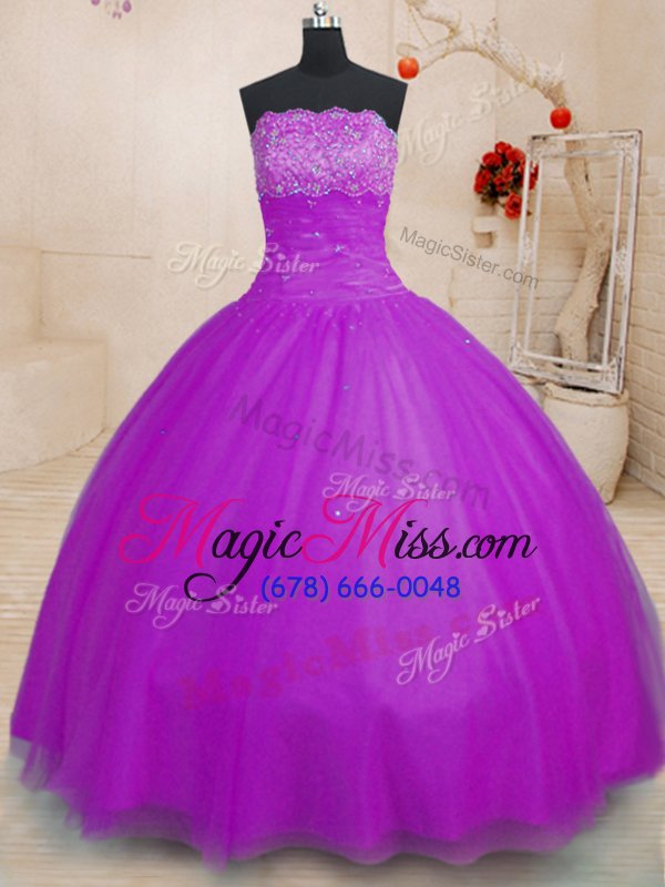 wholesale glorious purple ball gowns beading quinceanera gowns lace up tulle sleeveless floor length