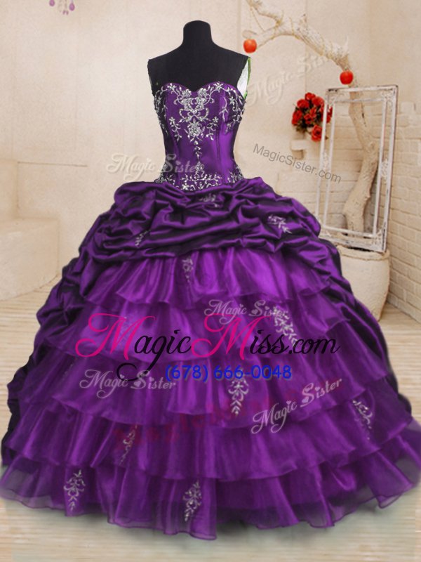 wholesale top selling purple ball gowns sweetheart sleeveless organza and taffeta with train sweep train lace up beading and appliques and ruffled layers and pick ups quinceanera gowns