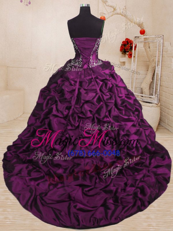 wholesale enchanting pick ups purple sleeveless organza and taffeta sweep train lace up quinceanera dress for military ball and sweet 16 and quinceanera
