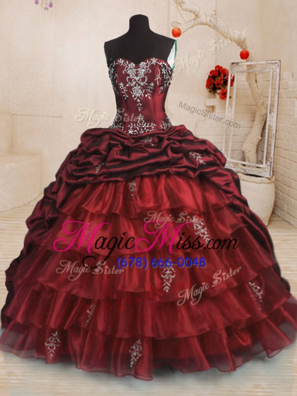 wholesale smart organza and taffeta sweetheart sleeveless sweep train lace up beading and appliques and ruffled layers and pick ups sweet 16 quinceanera dress in wine red
