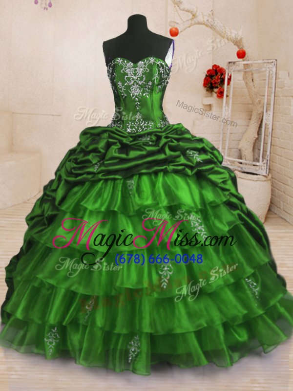 wholesale chic sleeveless sweep train lace up with train beading and appliques and ruffled layers and pick ups quinceanera dress