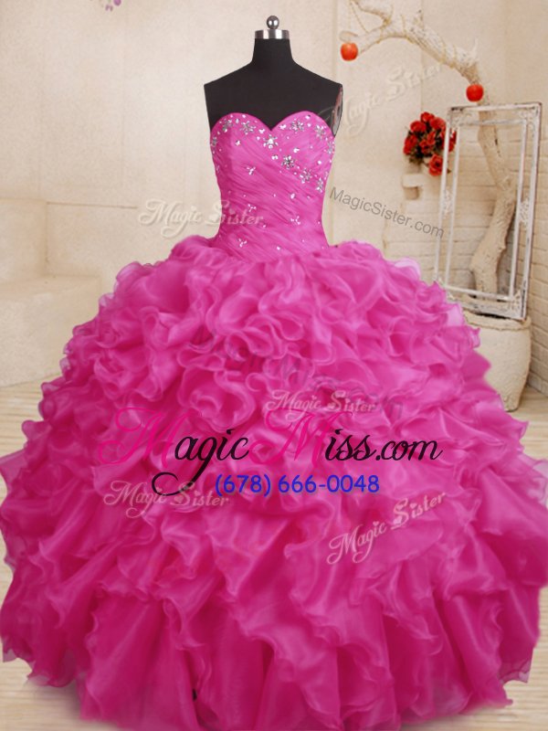 wholesale admirable hot pink ball gowns beading and ruffles 15 quinceanera dress lace up organza sleeveless floor length