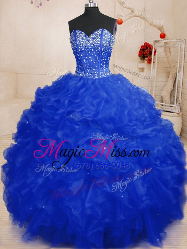 wholesale attractive royal blue sweetheart lace up beading and ruffles quinceanera gowns sleeveless