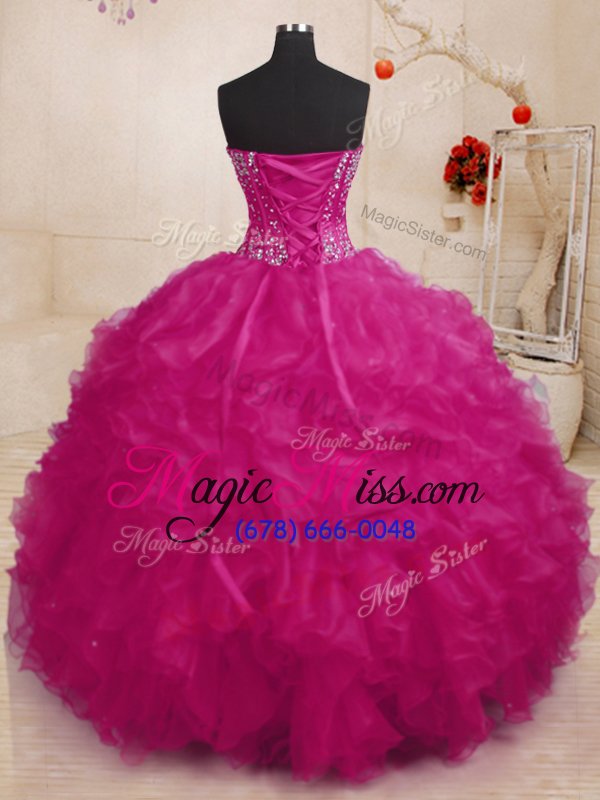 wholesale customized fuchsia organza lace up quinceanera gown sleeveless floor length beading and ruffles
