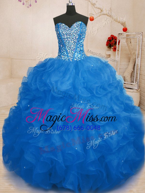 wholesale free and easy blue ball gowns beading and ruffles quinceanera dress lace up organza sleeveless floor length
