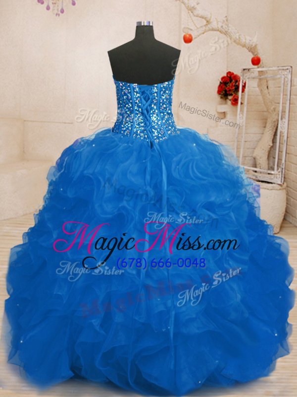 wholesale free and easy blue ball gowns beading and ruffles quinceanera dress lace up organza sleeveless floor length