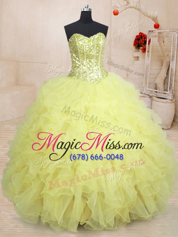 wholesale discount light yellow sleeveless organza lace up quince ball gowns for military ball and sweet 16 and quinceanera