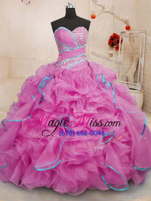 wholesale new arrival rose pink sweetheart lace up beading and ruffles sweet 16 dresses brush train sleeveless