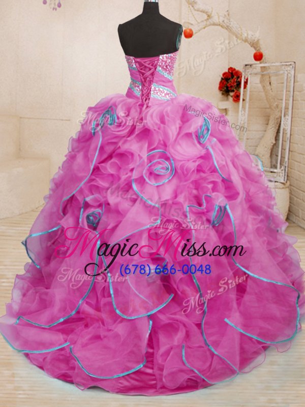 wholesale new arrival rose pink sweetheart lace up beading and ruffles sweet 16 dresses brush train sleeveless