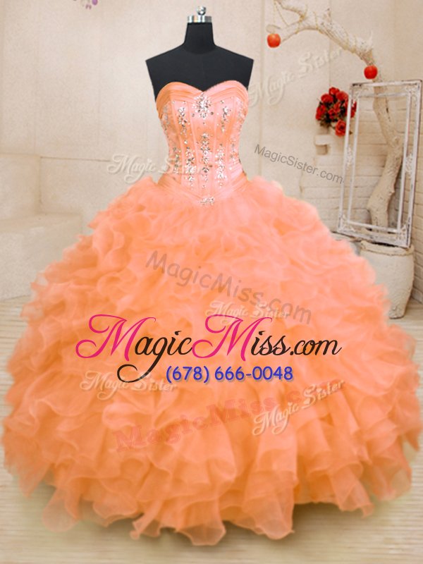 wholesale most popular sleeveless floor length beading and ruffles lace up quinceanera dresses with orange