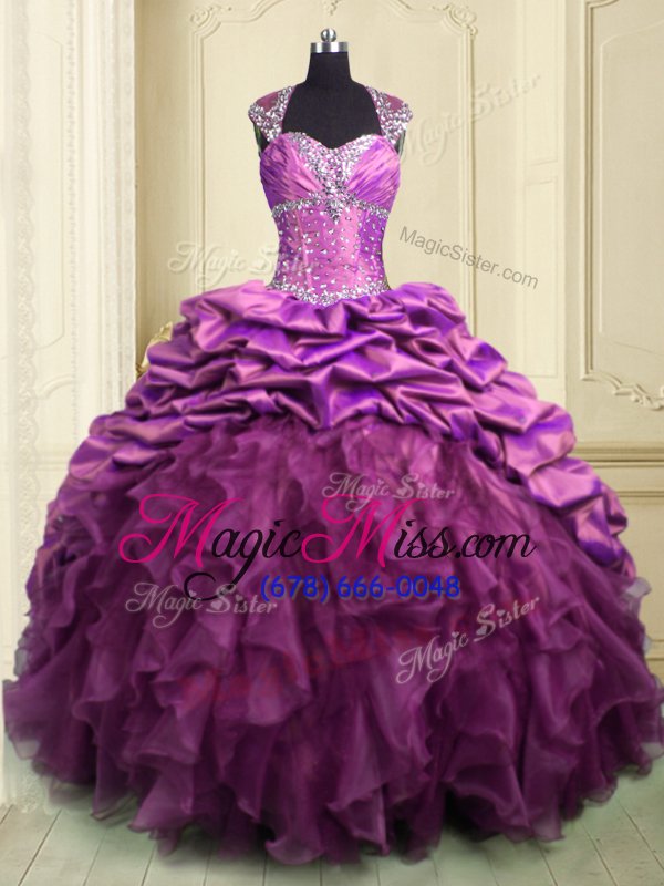 wholesale excellent cap sleeves with train beading and ruffles and ruffled layers and pick ups lace up ball gown prom dress with lilac brush train