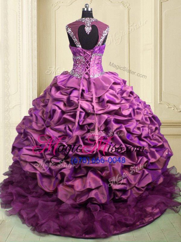 wholesale excellent cap sleeves with train beading and ruffles and ruffled layers and pick ups lace up ball gown prom dress with lilac brush train