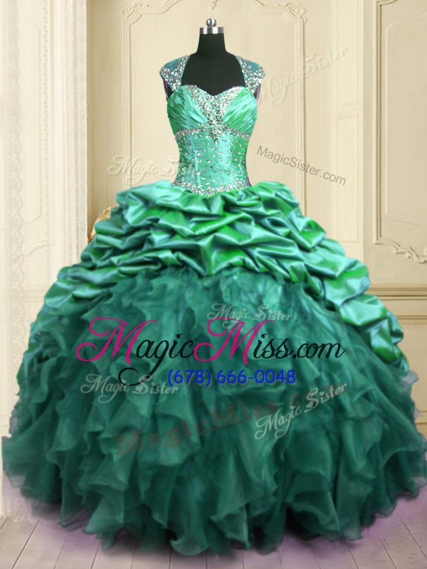 wholesale fantastic turquoise sweetheart neckline beading and ruffles and pick ups quinceanera dresses cap sleeves lace up