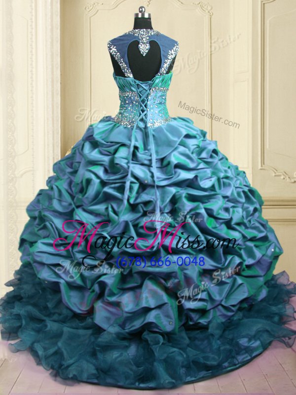 wholesale latest teal organza and taffeta lace up sweetheart cap sleeves with train vestidos de quinceanera brush train beading and ruffles and pick ups