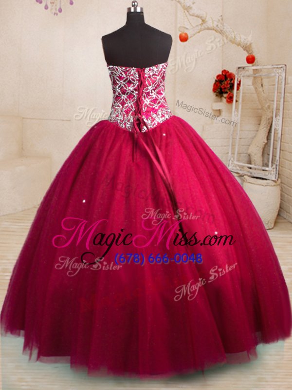 wholesale pretty red tulle lace up ball gown prom dress sleeveless floor length beading