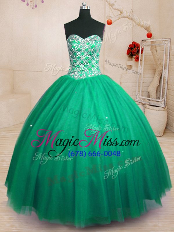 wholesale best selling dark green tulle lace up quinceanera dresses sleeveless floor length beading