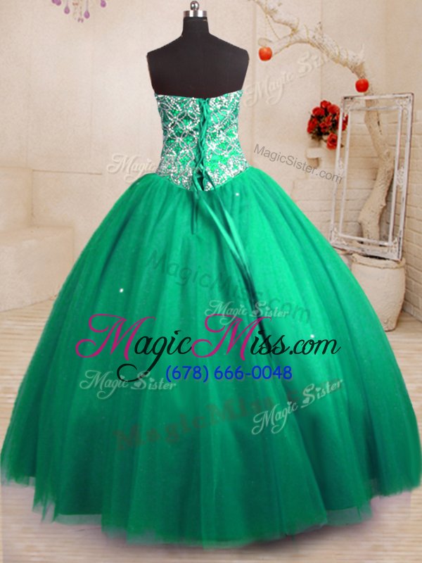 wholesale best selling dark green tulle lace up quinceanera dresses sleeveless floor length beading