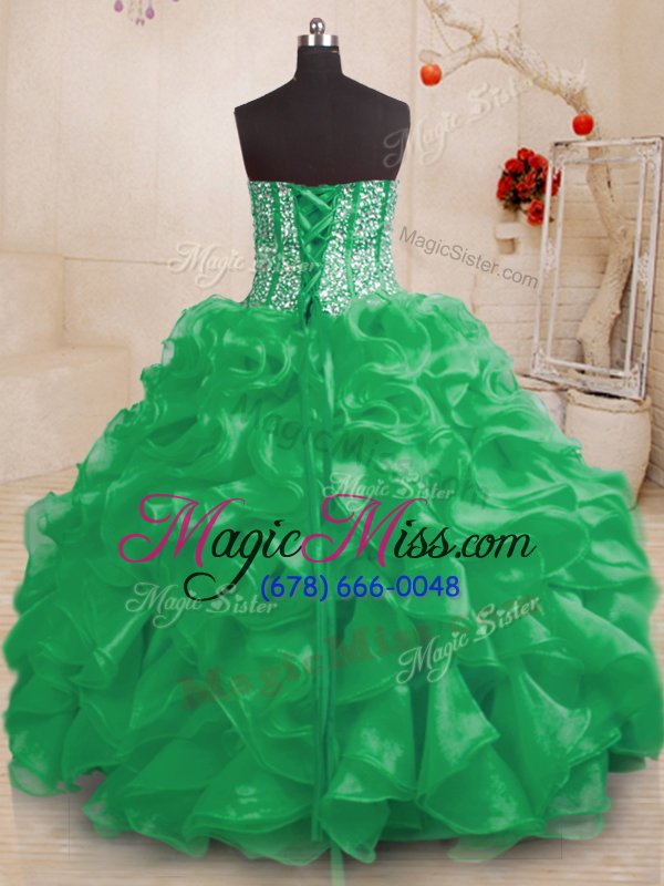 wholesale floor length ball gown prom dress organza sleeveless beading and ruffles