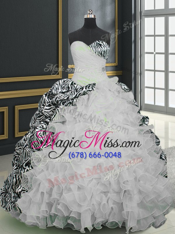 wholesale shining white and black sleeveless organza and printed brush train lace up sweet 16 dresses for military ball and sweet 16 and quinceanera