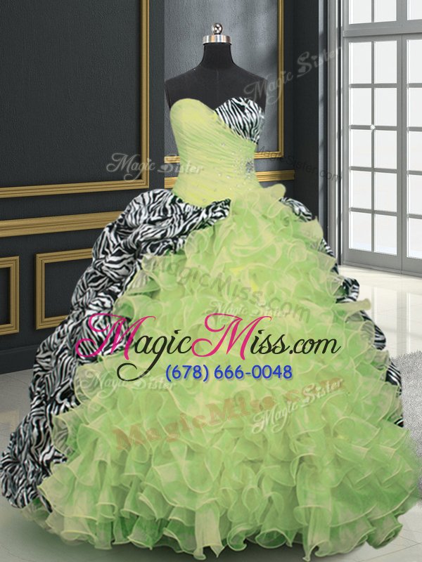 wholesale organza and printed sleeveless with train quince ball gowns brush train and beading and ruffles and pattern