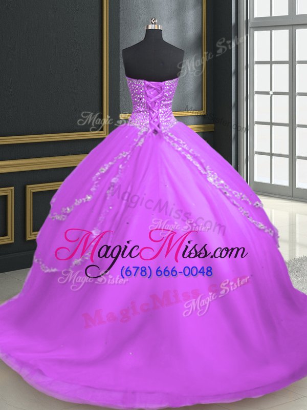 wholesale traditional with train lilac quinceanera gowns tulle brush train sleeveless beading and appliques