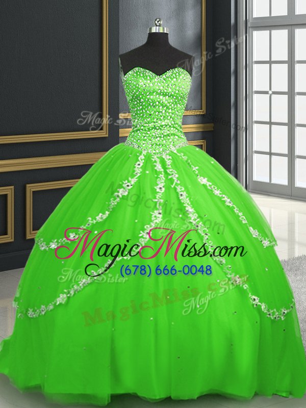 wholesale tulle lace up quinceanera dress sleeveless with brush train beading and appliques