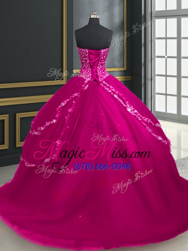 wholesale hot selling brush train ball gowns quince ball gowns fuchsia sweetheart tulle sleeveless with train lace up