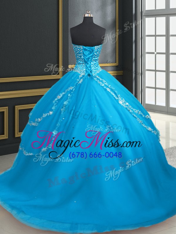 wholesale deluxe sleeveless tulle with brush train lace up sweet 16 dress in baby blue for with beading and appliques