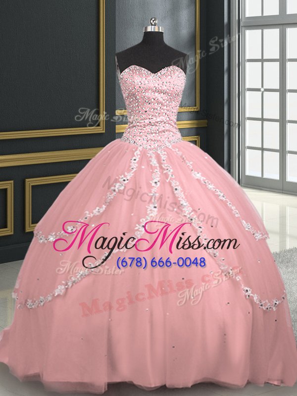 wholesale custom design beading and appliques sweet 16 dresses pink lace up sleeveless with brush train