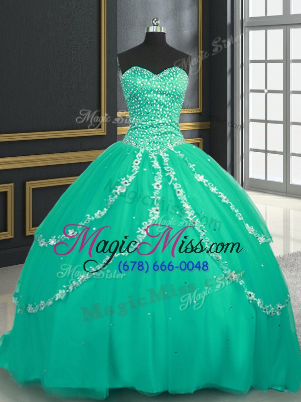 wholesale turquoise ball gowns tulle sweetheart sleeveless beading and appliques with train lace up quinceanera gown brush train