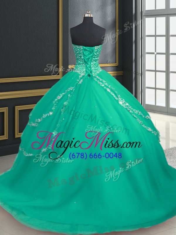 wholesale turquoise ball gowns tulle sweetheart sleeveless beading and appliques with train lace up quinceanera gown brush train