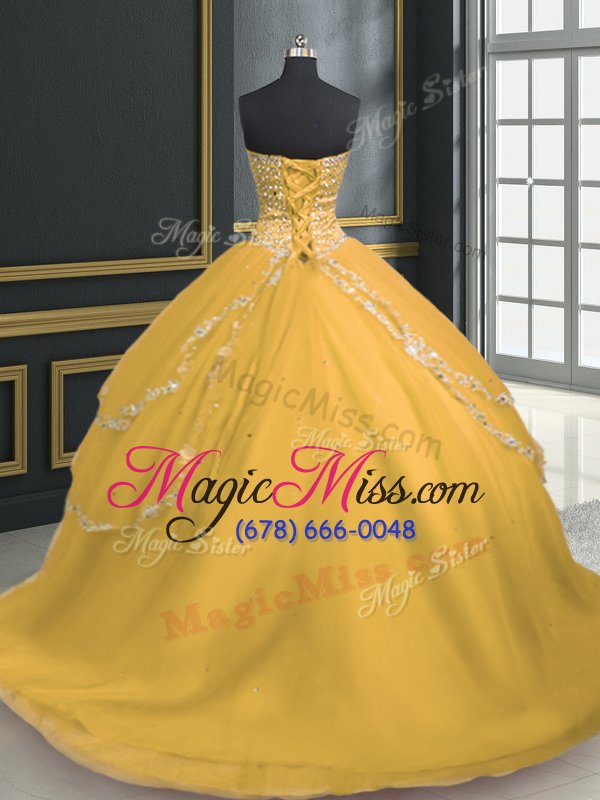 wholesale high class with train ball gowns sleeveless gold 15th birthday dress brush train lace up