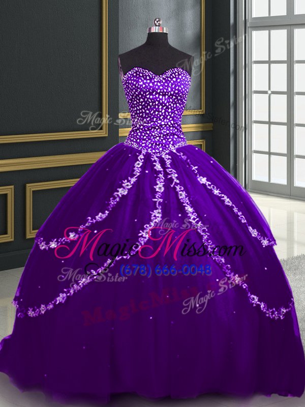 wholesale decent purple sweetheart lace up beading and appliques sweet 16 dresses brush train sleeveless