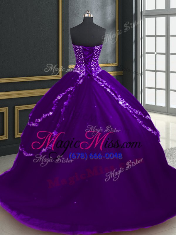 wholesale decent purple sweetheart lace up beading and appliques sweet 16 dresses brush train sleeveless
