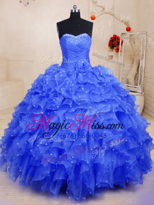 wholesale luxurious beading and ruffles and hand made flower sweet 16 dress blue lace up sleeveless floor length