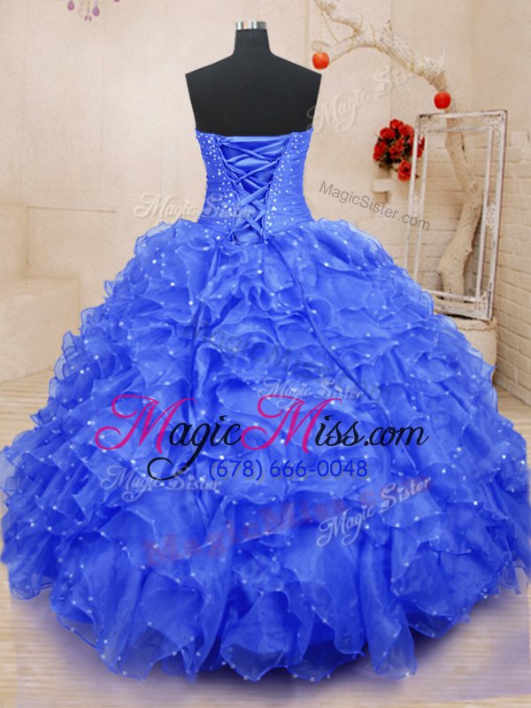 wholesale luxurious beading and ruffles and hand made flower sweet 16 dress blue lace up sleeveless floor length