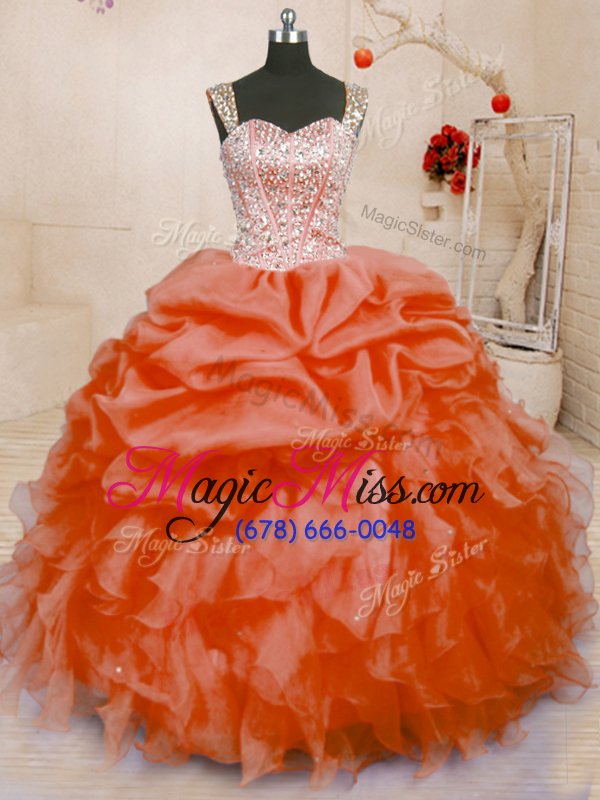 wholesale fantastic sleeveless organza floor length lace up sweet 16 quinceanera dress in orange for with beading and ruffles and pick ups