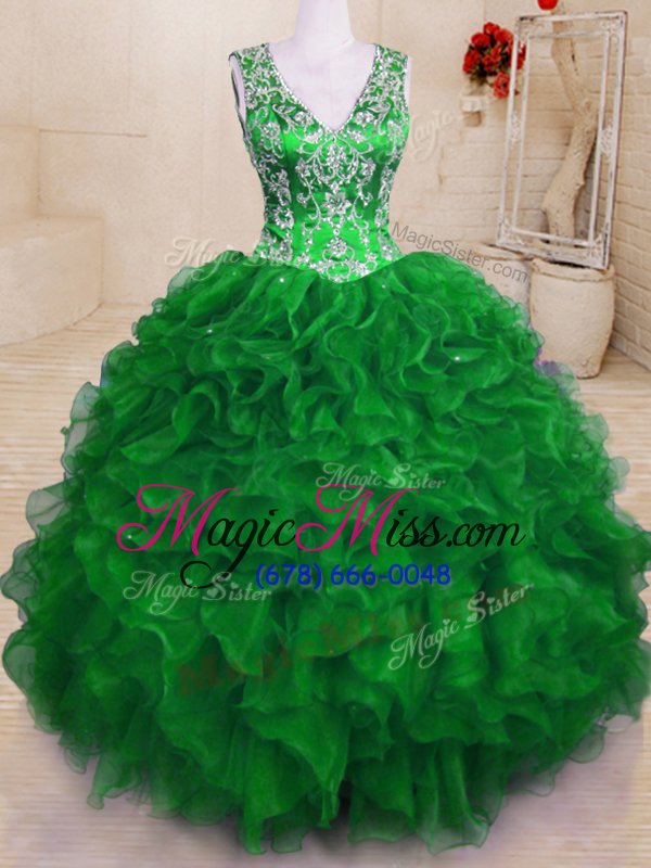 wholesale enchanting v-neck sleeveless sweet 16 dresses floor length beading and embroidery and ruffles green organza