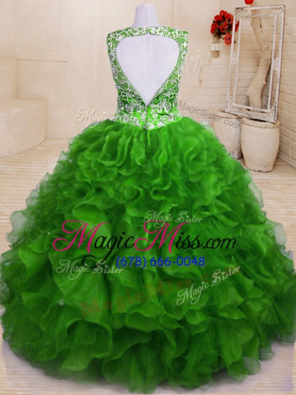 wholesale enchanting v-neck sleeveless sweet 16 dresses floor length beading and embroidery and ruffles green organza