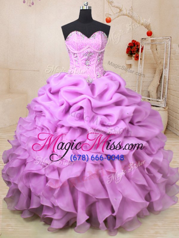 wholesale amazing lilac organza lace up sweetheart sleeveless floor length sweet 16 dresses beading and ruffles and pick ups