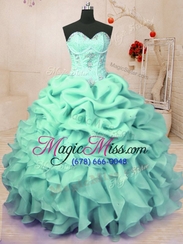 wholesale custom made floor length apple green ball gown prom dress organza sleeveless beading and ruffles and pick ups